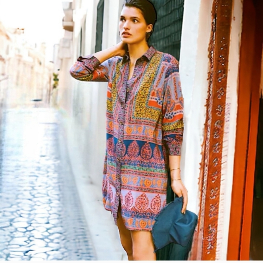 Anthropologie Maeve Casablanca Silk Shirt Dress Mixed Print Size 0
